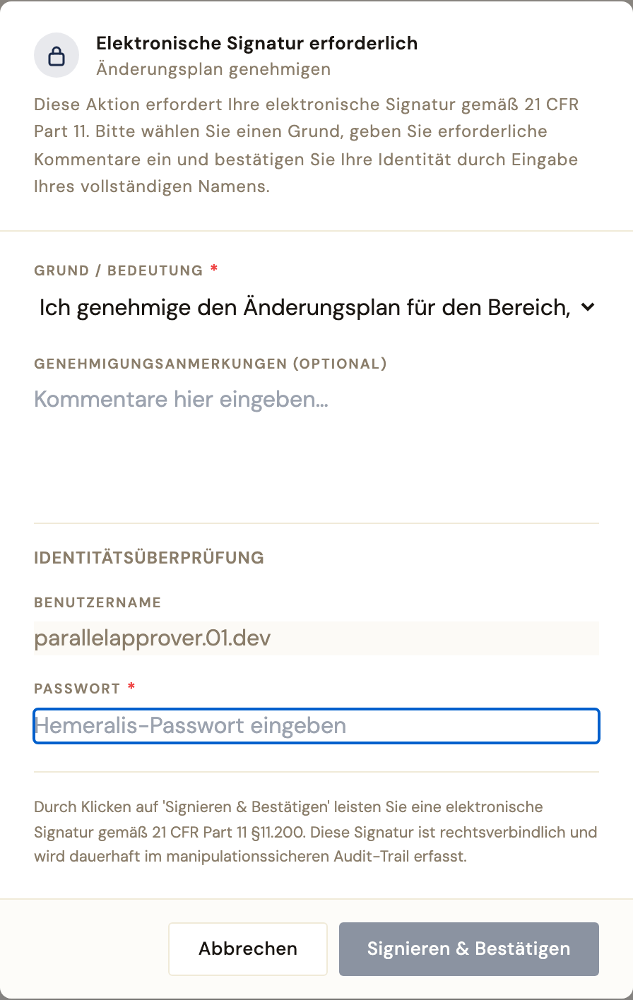 The same signature dialog in German, including the meaning the signer accepts