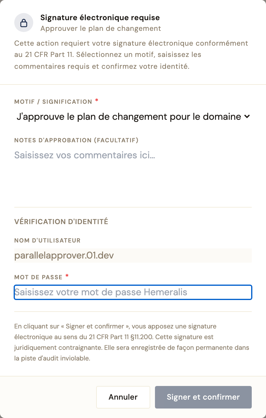 The same signature dialog in French, including the meaning the signer accepts